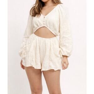 12th Tribe Cream Gauze Cutout Romper Boho Tie Waist Flowy Festival S